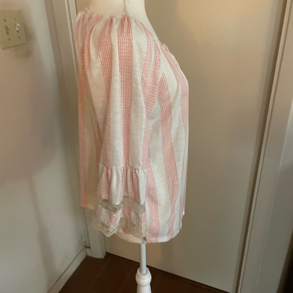 Maurices floral lace linen blouse cream pink size medium striped cutouts tassels - Picture 6 of 15